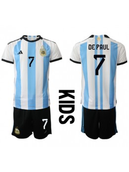 Billige Argentina Rodrigo de Paul #7 Hjemmedraktsett Barn VM 2022 Kortermet (+ Korte bukser)